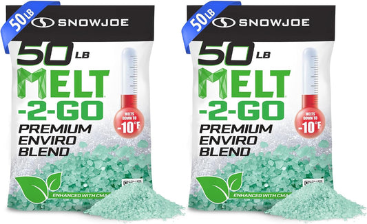 Snow Joe 2 Pack Premium Enviro Blend Snow & Ice Melt, Green-Coated Deicer Crystals, 50 lb - Safer Melter for Vegetation, Concrete & Metals