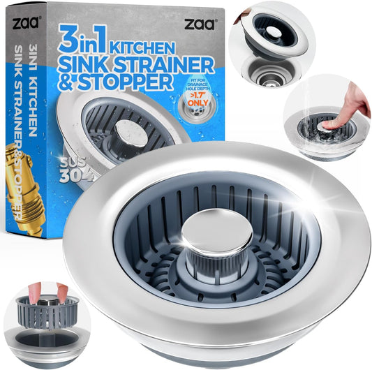 Sink Drain Strainer - Sink Stopper Kitchen Drain, 3 in 1 Kitchen Sink Drain Strainer with Anti-Clogging Basket, Kitchen Gadgets Clearance Sink Accessories, Fit US Standard 3-1/2'' Sink Hole, Silver