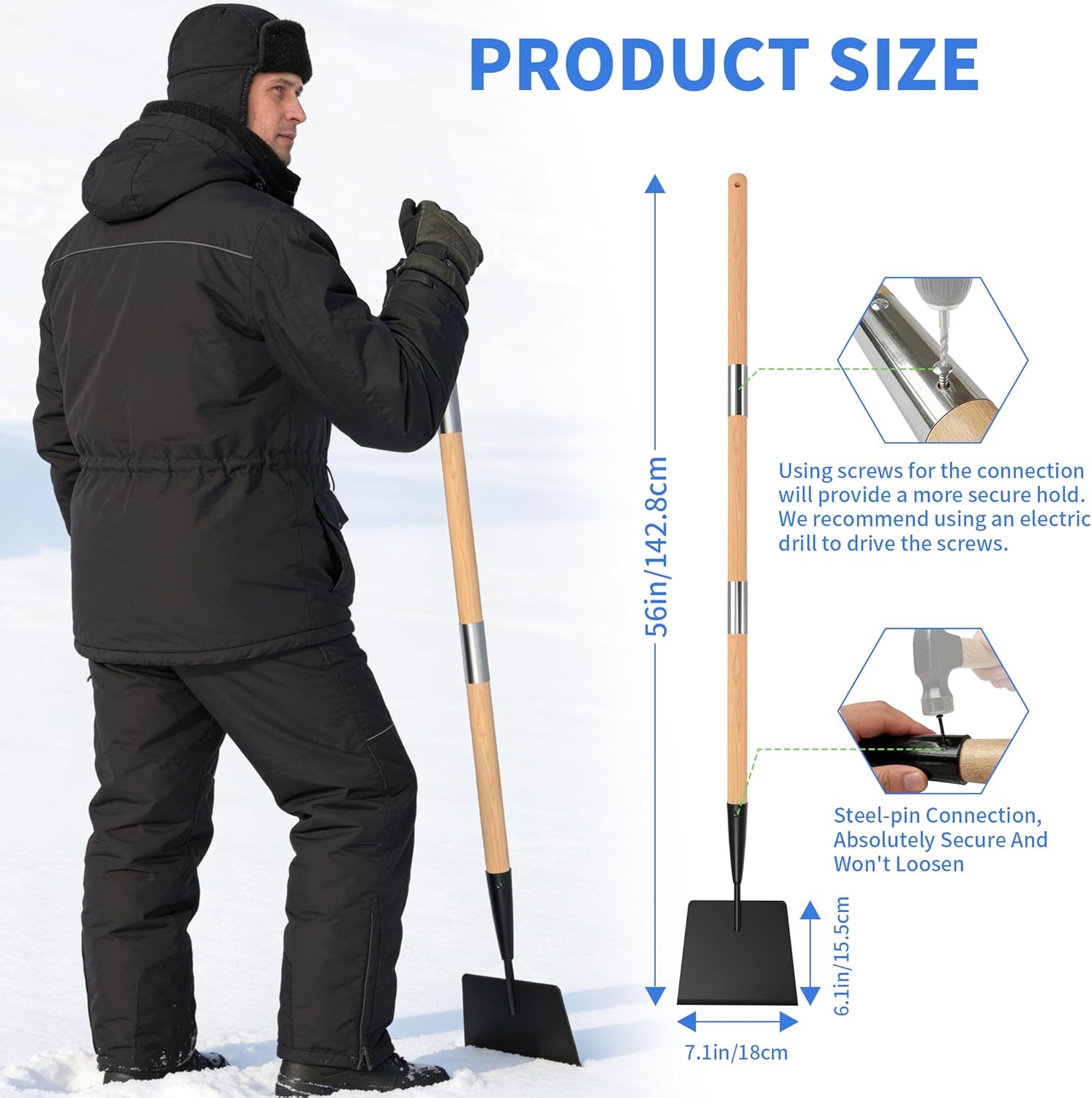 Wooden Handle Ice Scraper&Chopper for Driveway Sidewalk, Heavy Duty Ice Chipper, Ice Breaker Tool, Ice Shovel&Chisel&Spud, Floor Scraper for Ice Removal(56In)