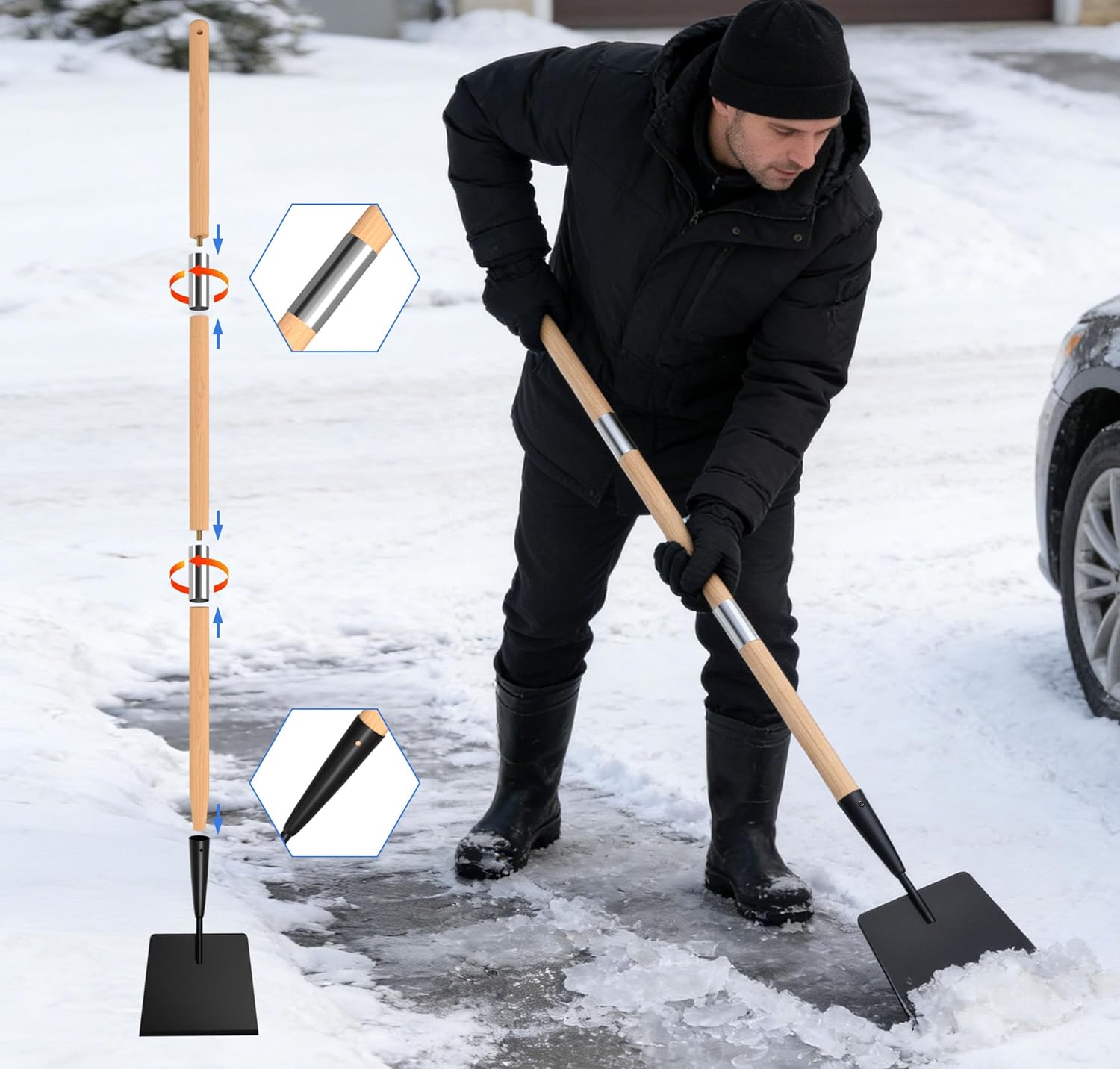 Wooden Handle Ice Scraper&Chopper for Driveway Sidewalk, Heavy Duty Ice Chipper, Ice Breaker Tool, Ice Shovel&Chisel&Spud, Floor Scraper for Ice Removal(56In)